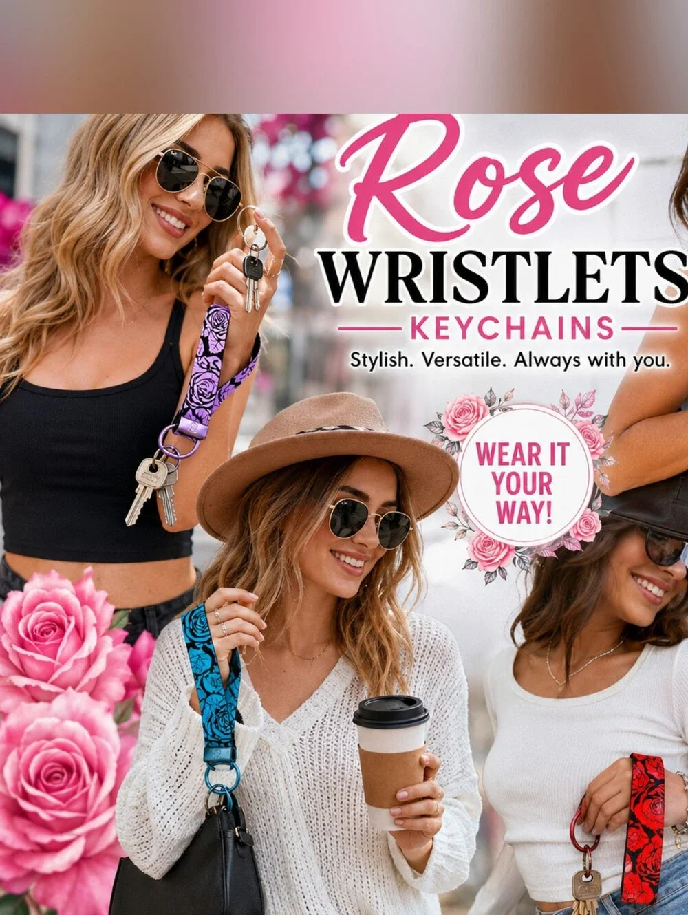 Rose Floral Collection Vegan Leather Wristlet Keychains - Just Jen - Picture 6 of 9